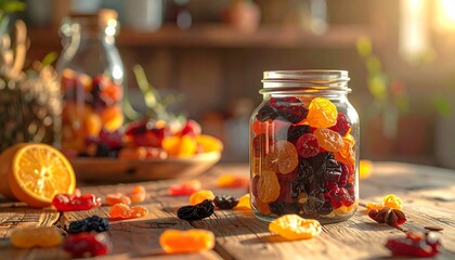 木のテーブルとドライフルーツ保存瓶