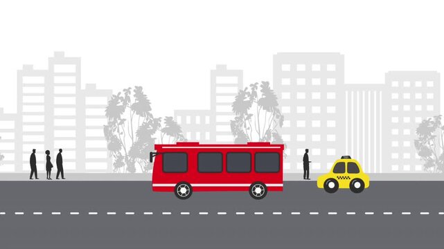 Public Transportation Animation. Red Bus Drives and Picks Up Passengers at Stops. Yellow Taxi Overtakes a Bus. Faster Form of Transport. City Street. Bus, Taxi, People, Road, Buildings Silhouettes