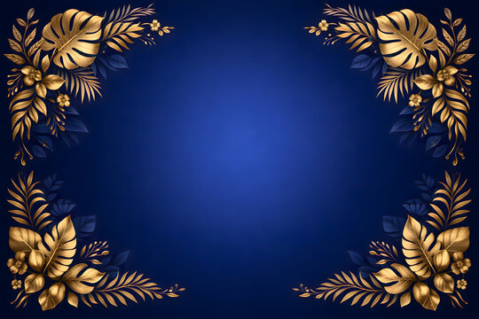Luxury Blue Gradient Background with Symmetrical Gold Botanical Frame for Elegant Invitation Design