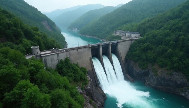 Massive concrete dam in green mountain valley. Water flows through sluice gates creating powerful waterfalls. Reservoir water generates electricity, clean energy source for future.