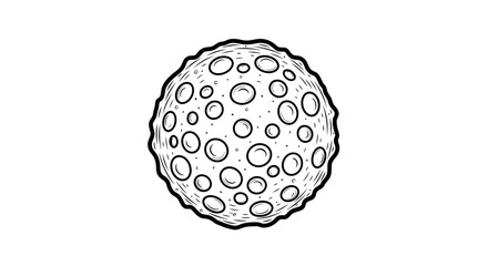 Hand-drawn illustration of a textured sphere with circular pores, resembling a meteorite or planet.