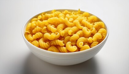 Bright Yellow Cavatappi Pasta In A White Bowl On A Clean Surface