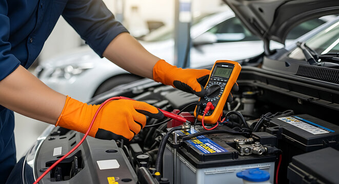 Professional mechanic hands performing maintenance on car battery terminal inside auto repair shop facility checking electrical power system with precision tools during vehicle service.