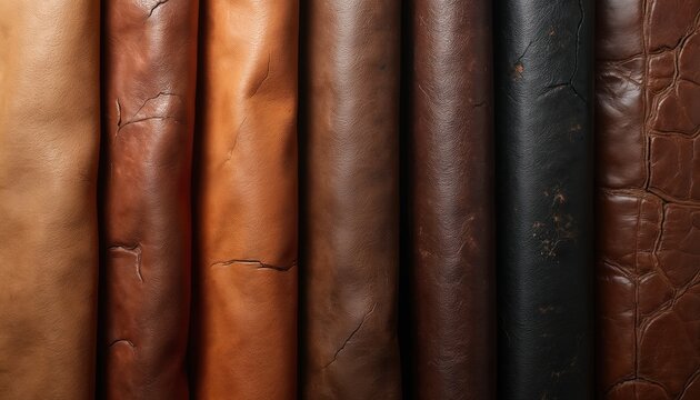 Selection of brown leather samples with various textures. Rolls show smooth, wrinkled, cracked, and grain surfaces. Includes black leather and crocodile pattern material.