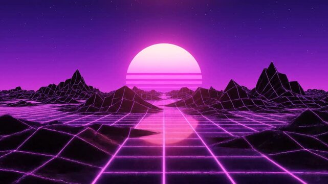 A futuristic landscape with mountains and grid pattern reflecting neon light under a vibrant purple sky at dusk from a low viewpoint