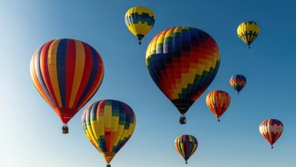 Obraz premium Group of colorful hot air balloons floating against a bright, clear, blue sky