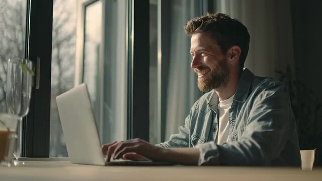 Calm male developer coding in natural window light, representing balanced masculinity, focus, and modern corporate lifestyle.