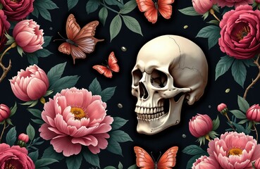 Seamless pattern art features human skull surrounded by blooming peonies and orange butterflies. Dark floral background with vintage botanical elements. Decorative repeating design.