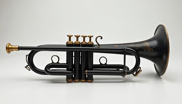 Black trumpet with gold accents and ornate engraving rests on white surface. This brass musical instrument has valves and a bell, ready for performance. It is a studio shot.