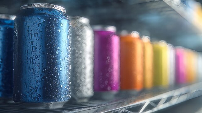 Assorted colorful carbonated aluminum beverage cans arranged neatly in the chiller store shelf. 