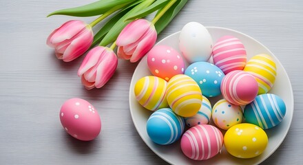 Easter eggs and tulips on a plate