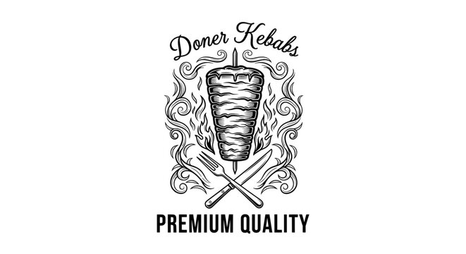 Doner kebab logo with meat on spit fire flame fork and knife
