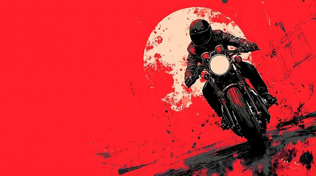 Motorcyclist rides dynamically against a striking red background with moon.