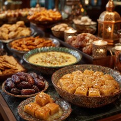 Obraz premium Ramadan Iftar and Eid Dessert Table with Delicious Dates, Sweet Snacks and Glowing Arabic Lantern Photo.
