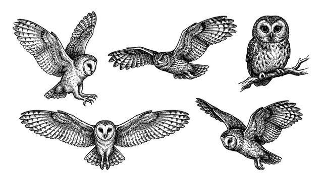 Owl collection in vintage engraving style