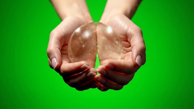 Hands gently cradling fragile water globes on a vibrant Green Screen background, symbolizing Earth Day and environmental care