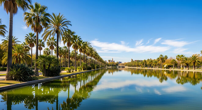 Panoramic Scenic View of Turia Gardens in Valencia Spain featuring Palm Tree Reflection in Tranquil Pond Water under Clear Blue Sky with Lush Mediterranean Park Greenery during Sunny Daytime