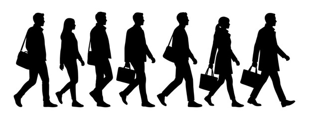 Walking man and woman silhouette with bag and briefcase set