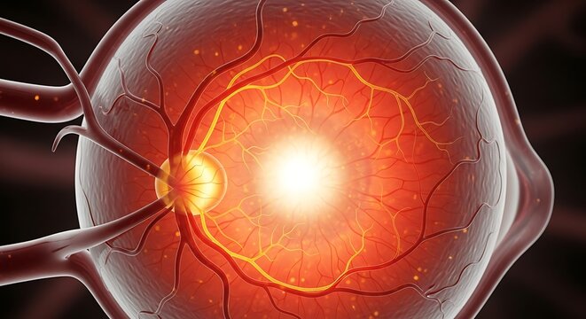 Close up view of the human eye's retina showing intricate blood vessels and optic nerve detail illuminated by bright light