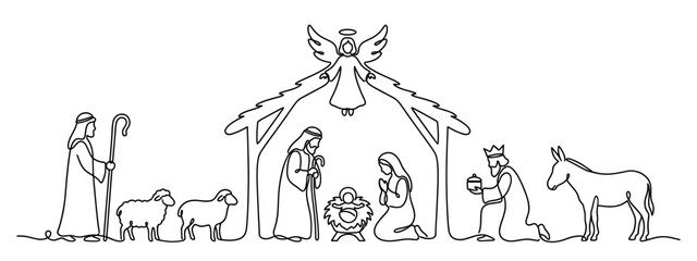 Fototapeta premium Nativity scene with holy family in continuous line art style