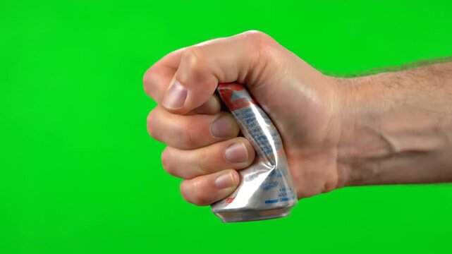 Hand crushing a can on a Green Screen backdrop, symbolizing Earth Day and environmental action