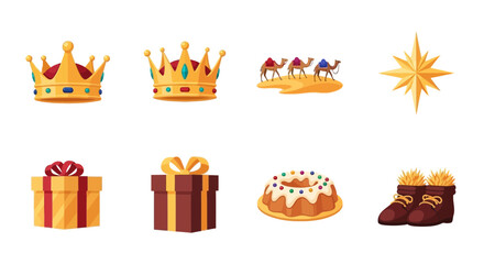 Icons featuring crowns camels a star gifts cake and boots with hay © Agung