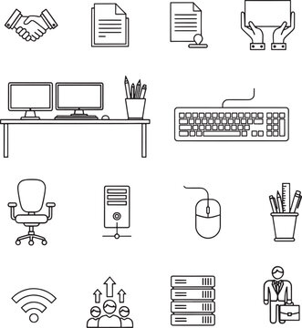 Business office workplace technology management agreement career server network computer hardware stationery professional teamwork wireless connectivity Hand Drowing Vector Line Icon Set