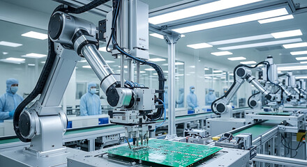 Precision automated robotic arm microchip calibration motherboard assembly within an electronics manufacturing facility using advanced sensor technology and sophisticated industrial software