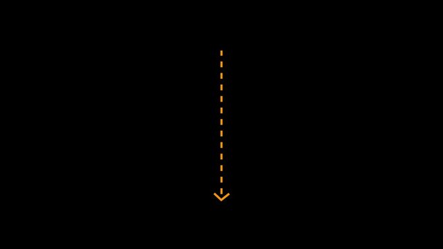 Down arrow direction icon with dotted line animation on Black background. Dot arrows icon sign animated with alpha channel. straight arrows animation