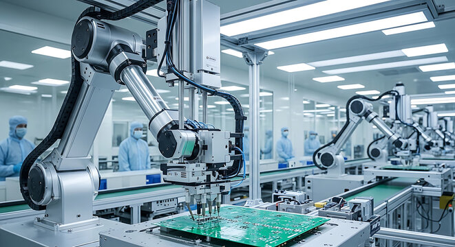 Precision automated robotic arm microchip calibration motherboard assembly within an electronics manufacturing facility using advanced sensor technology and sophisticated industrial software