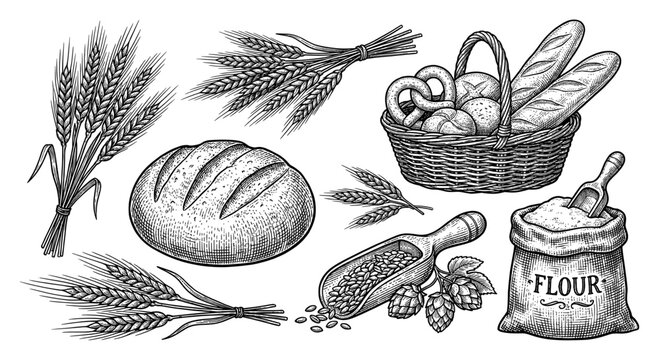 Bakery products and wheat flour set in vintage engraving style