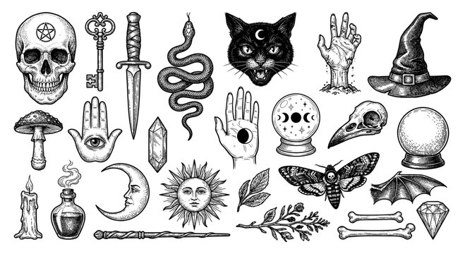 Witchcraft and occult mystical symbols set with skull and cat