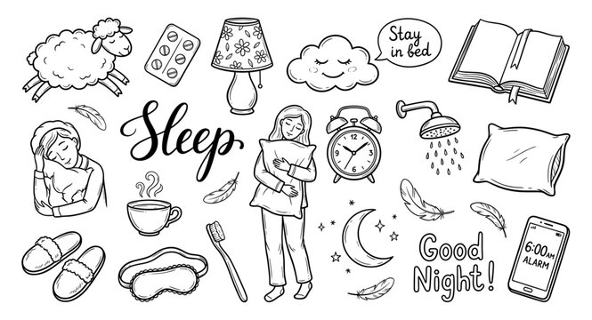 Sleep and bedtime routine doodle set with pillow and clock