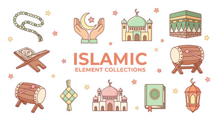 Collection of Islamic Elements and Symbols including Mosques, Drums, and Lanterns in a Cultural Illustration