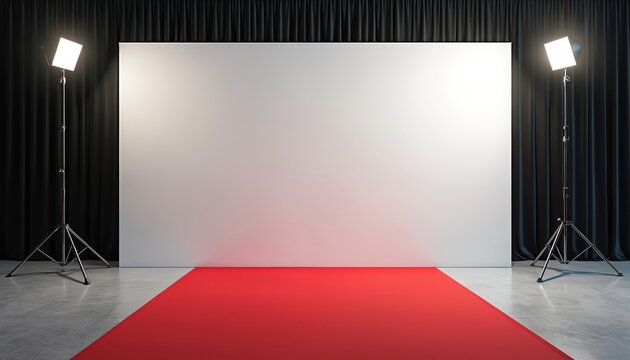 Empty red carpet event backdrop with bright spotlights and black curtains. A blank white banner awaits branding for promotions or presentations at a premiere.