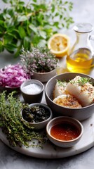 Preparing fresh cod fish with mediterranean herbs and seasoning