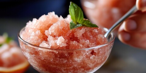 Refreshing pink granita dessert in glass bowl with mint garnish. Blood Orange Granita