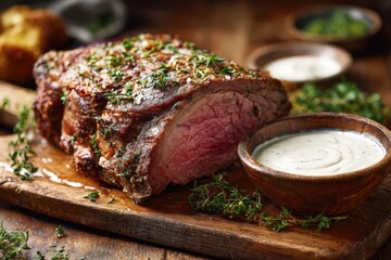 Prime rib roast with herbs and rock salt on a rustic wooden board, serving creamy horseradish sauce