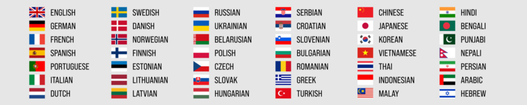 World main languages. Set of 42 language labels with flag and English name. Vector icon and text. Applicable to product labeling, translators, communication templates.