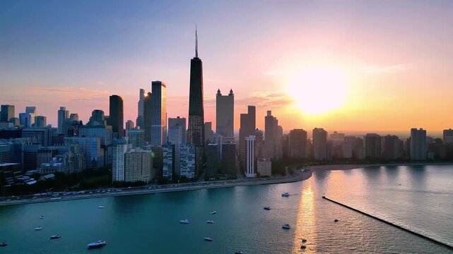 A cinematic drone view of Chicago capturing the skyline from above, with towering skyscrapers, the winding river, and bold architecture creating a powerful and dynamic cityscape.