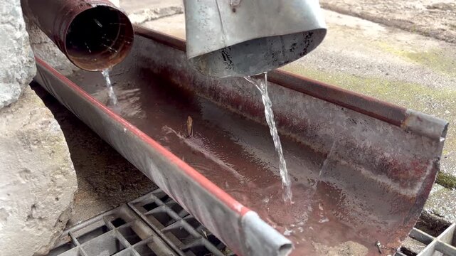 Close-up of rainwater flowing from a metal gutter into a drain channel. Rustic, slightly rusty surface, urban exterior detail, natural water runoff and drainage system in action.