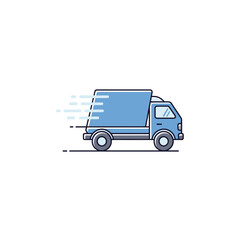 A blue delivery truck speeding along