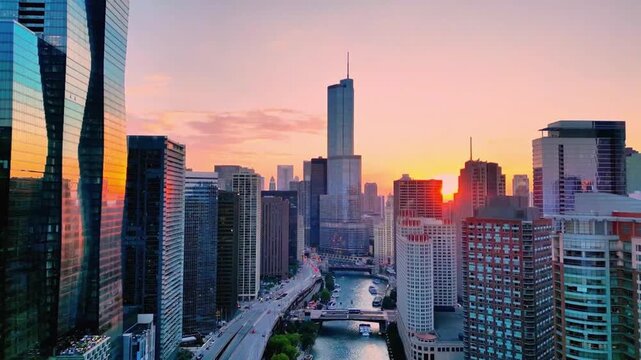 A sweeping drone shot of Chicago capturing its iconic skyline, with towering skyscrapers rising above the city and creating a dramatic, cinematic aerial view.