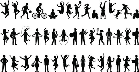 Fototapeta premium Children silhouette activity set, kids playing sports dancing music jumping cycling vector collection isolated on light background illustration
