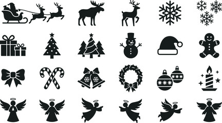 Christmas holiday icon set with Santa sleigh, reindeer, snowflakes, gifts, tree, snowman, angels, ornaments silhouette vector collection