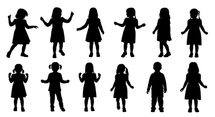 Collection of silhouettes of children in various poses and outfits.