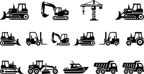 Construction machinery icon set with bulldozer, excavator, crane, forklift, tractor, dump truck, boat black silhouette vector collection © Nazmin