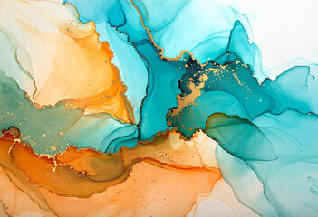 Naklejka premium Abstract teal and orange fluid artwork with gold accents