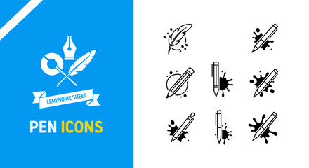 Fototapeta premium Minimalist Pen and Writing Icon Set with Ink Splatter Accents, Quill Feather, Fountain Pen Nib, and Pencil Graphics for Creative Design