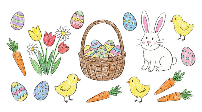 Naive Hand Drawn Easter Bunny Chick and Egg Collection, Cute Spring Clipart, PNG Transparent Background